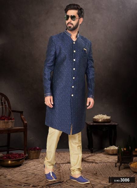 Navy Blue And Gold Colour GS Fashion Party Wear Mens Designer Indo Western Wholesale Clothing Distributors In India 3086