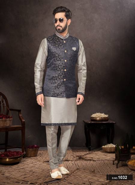 Navy Blue And Grey Colour GS Fashion Occasion Wear Mens Designer Modi Jacket Kurta Pajama Orders In India 1032