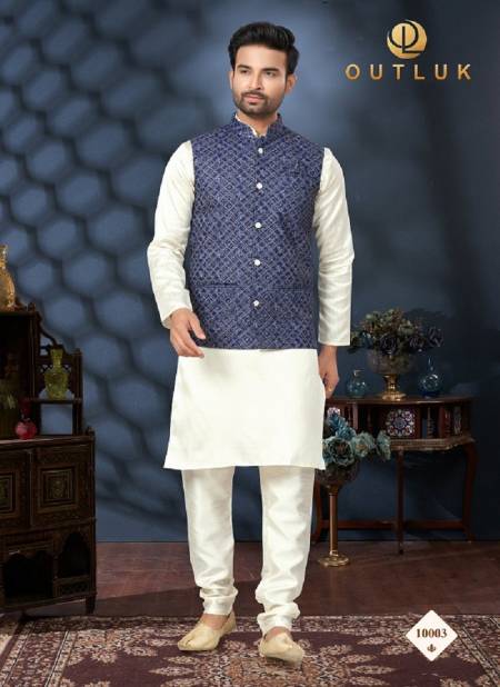 Navy Blue And Off White Colour Outluk Wedding Lucknowi Vol 10 Mens Wear Modi Jacket Kurta Pajama Wholesale Online 10003