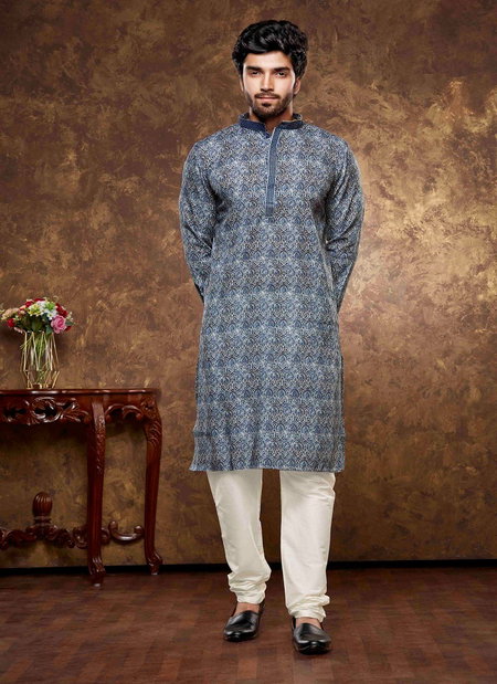 Navy Blue And White Colour 1631 Function Mens Wear Poly Cotton Digital Printed Kurta Pajama Exporters In India 1631-2