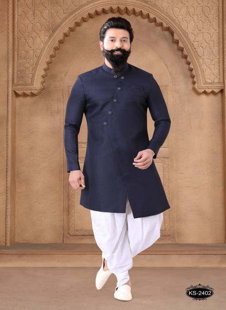 Navy Blue And White Colour 1632 Wedding Mens Wear Silk Indo Western Suppliers In India 1632-KS 2402