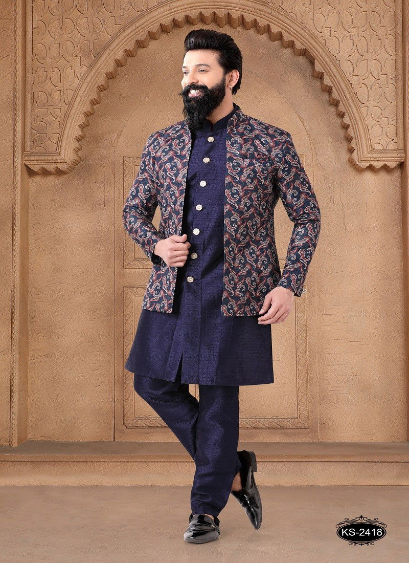 Navy Blue Colour 1632 Occasion Wear Mens Silk Designer Modi Jacket Kurta Pajama Orders In India 1632-KS 2418