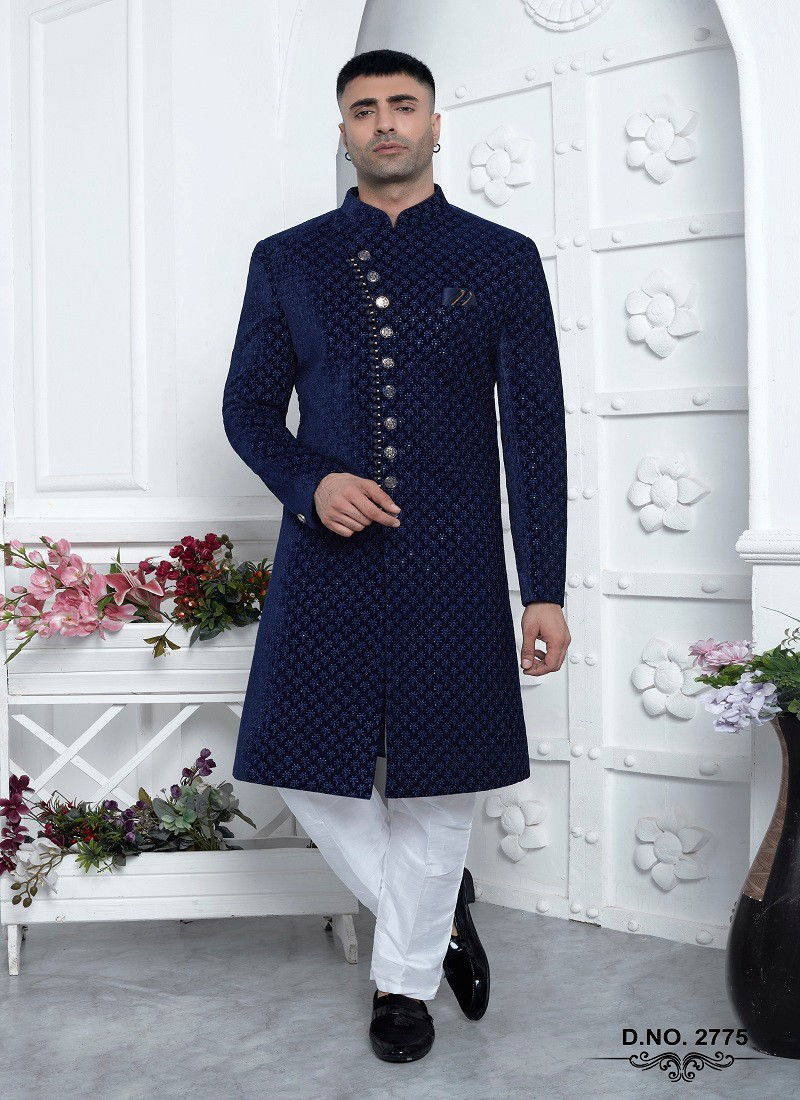 Navy Blue Colour 1641 Function Mens Wear Designer Sherwani Wholesale Shop In India 2775