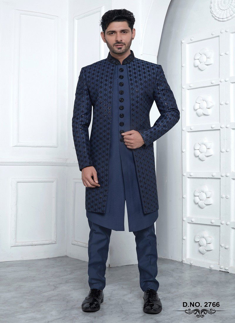 Navy Blue Colour 1641 Party Wear Indo Western Mens Jacket Set Exporters In India 2766