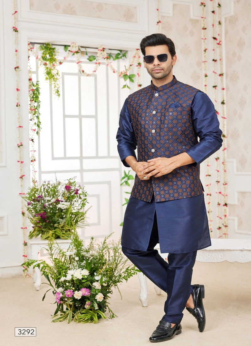 Navy Blue Colour 1645 Wedding Wear Art Silk Mens Modi Jacket Kurta Pajama Exporters In India 3292