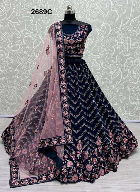 Navy Blue Colour 2689 A To C by Anjani Art Georgette Bridal Lehenga Choli Exporters In India 2689C