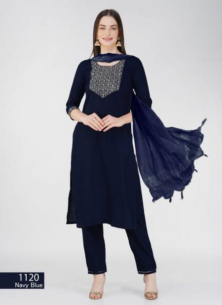 Navy Blue Colour Aaradhna 1120 Cotton Blend Embroidery Kurti With Bottom Dupatta Wholesale Online
