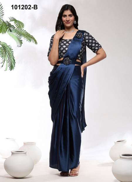 Navy Blue Colour Amoha 101202 A TO D Imported Satin Party Wear Readymade Sarees Exporters In India 101202-B