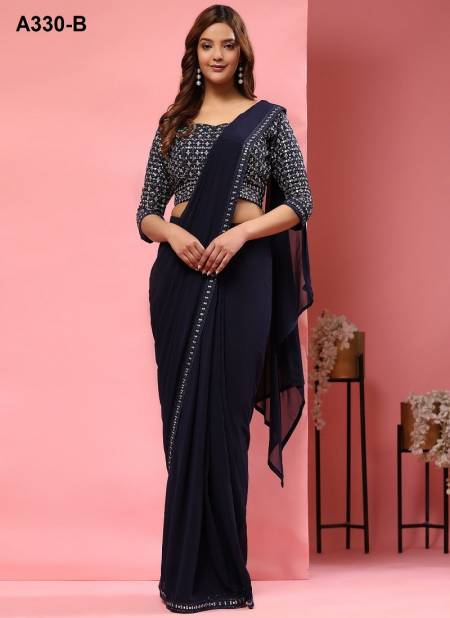 Navy Blue Colour Amoha A330 A To E Embroidery Pure Georgette Readymade Saree Wholesalers In Delhi A330-B