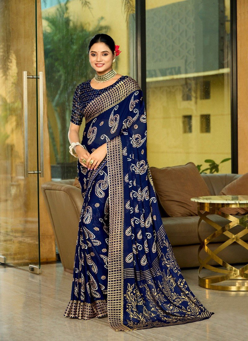 Navy Blue Colour Ansha By Dhaga Bandhni Daily Wear Saree Orders In India 1008