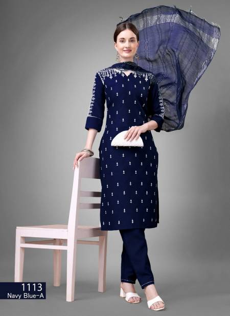 Navy Blue Colour Aradhna Cotton Blend With Embroidery Kurti Bottom With Dupatta Catalog 1113 F