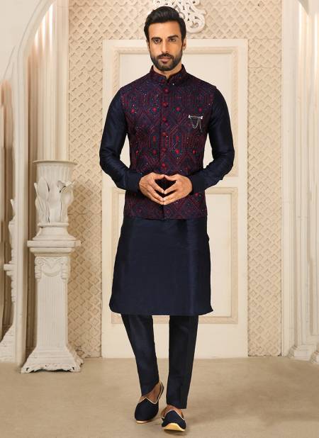 Navy Blue Colour Function Wear Wholesale Kurta Pajama With Jacket Collection 1376