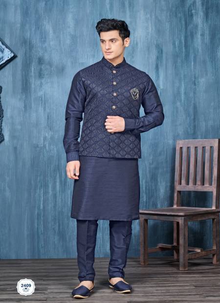 Navy Blue Colour Designer Party Wear Art Embroidered Banarasi Silk Mens Modi Jacket Kurta Pajama Wholesale Online 2409