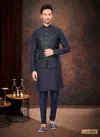 Navy Blue Colour GS Fashion Party Wear Jacquard Mens Modi Jacket Kurta Pajama Wholesale Shop In Surat 1023