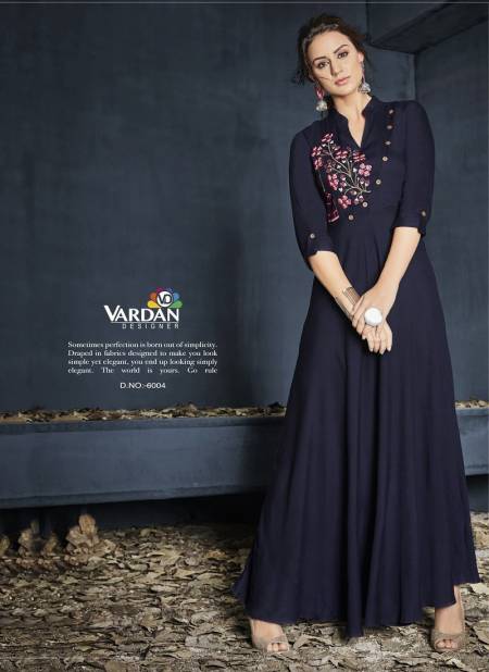 Navy Blue Colour Gulnaz Vol 1 By Vardan Embroidery Flaired Riyon Anarkali Kurti Wholesale In India 6003