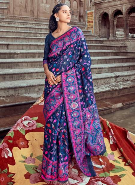 Navy Blue Colour Kani Pashmina Fancy Wear Wholesale Printed Sarees 70002