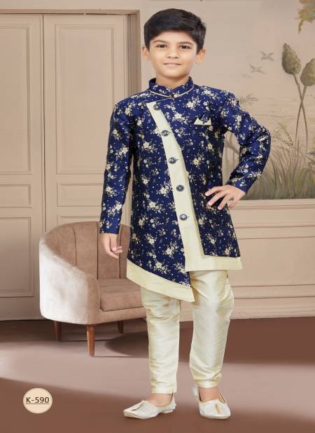 Navy Blue Colour Kids Boys Wear Kurta Pajama And Indo Western Catalog K 590