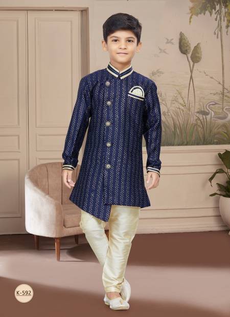 Navy Blue Colour Kids Vol 4 Boys Wear Kurta Pajama And Indo Western Catalog K 592