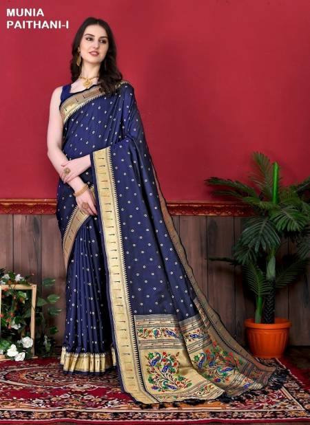 Navy Blue Colour Munia Paithani A To J by Murti Nx Printed Silk Surat Saree Wholesale Market Munia Paithani-I