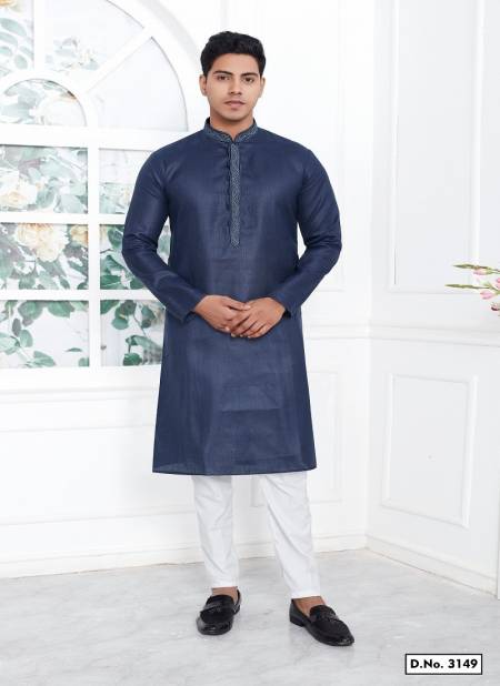 Navy Blue Colour Occasion Mens Wear Premium Linen Cotton Designer Kurta Pajama Wholesale Online 3149