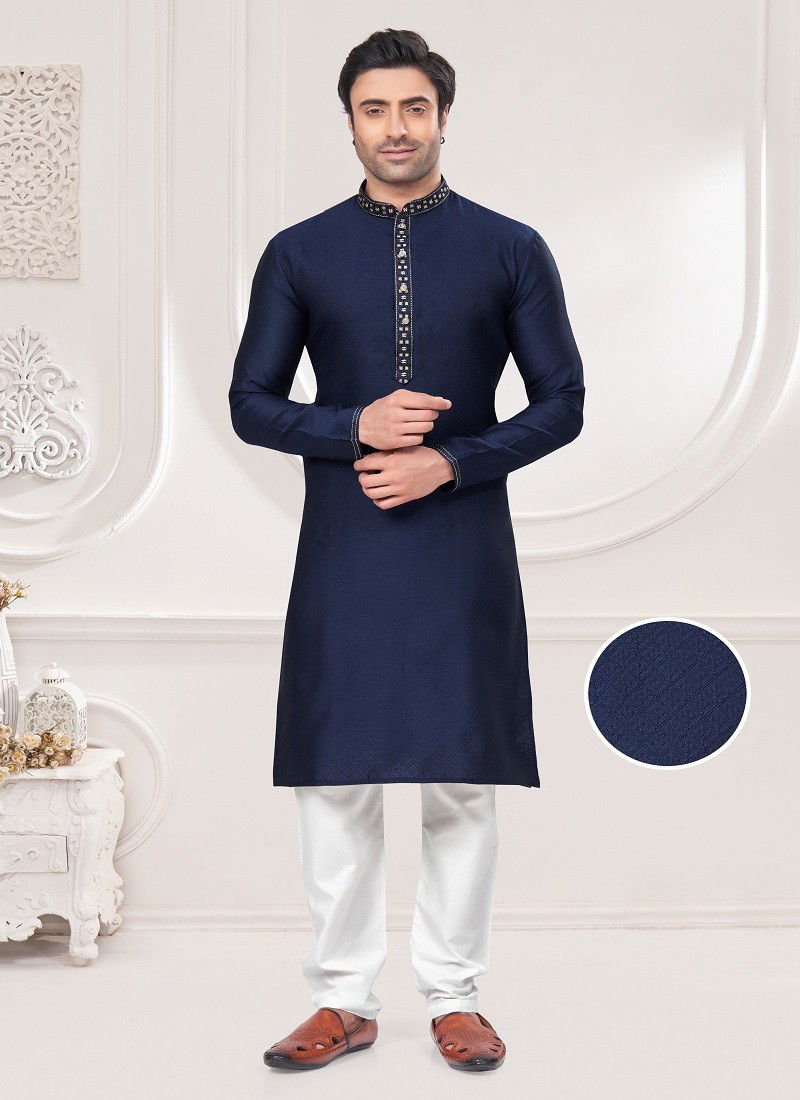 Navy Blue Colour Outluk Vol 131 Jacquard Pintex Mens Wholesale Kurta Pajama Manufacturers 131008