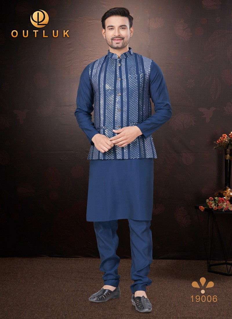 Navy Blue Colour Outluk Wedding Collection Vol 19 Pure Silk Mens Modi Jacket Kurta Pajama Wholesale Online 19006