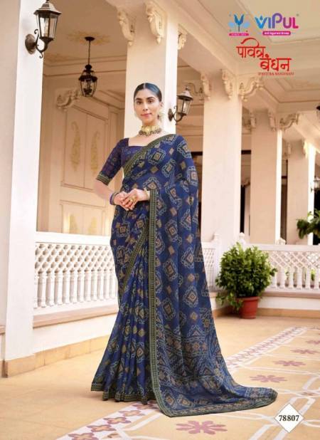Navy Blue Colour Pavitra Bandhan by Vipul Chiffon Wear Sarees Wholesale Clothing Suppliers In India 78807