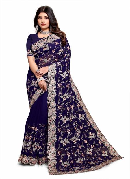 Navy Blue Colour Pre Wedding 2221 To 2227 By Utsav Nari Heavy Resham And Jari Embroidery Georgette Party Wear Saree Manufacturers 2224