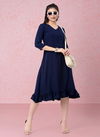 Navy Blue Colour Raisin American Crepe Party Wear Western Midi Dress Catalog OLRF0001