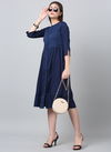 Navy Blue Colour Raisin American Crepe Party Wear Western Midi Dress Catalog OLRF0037