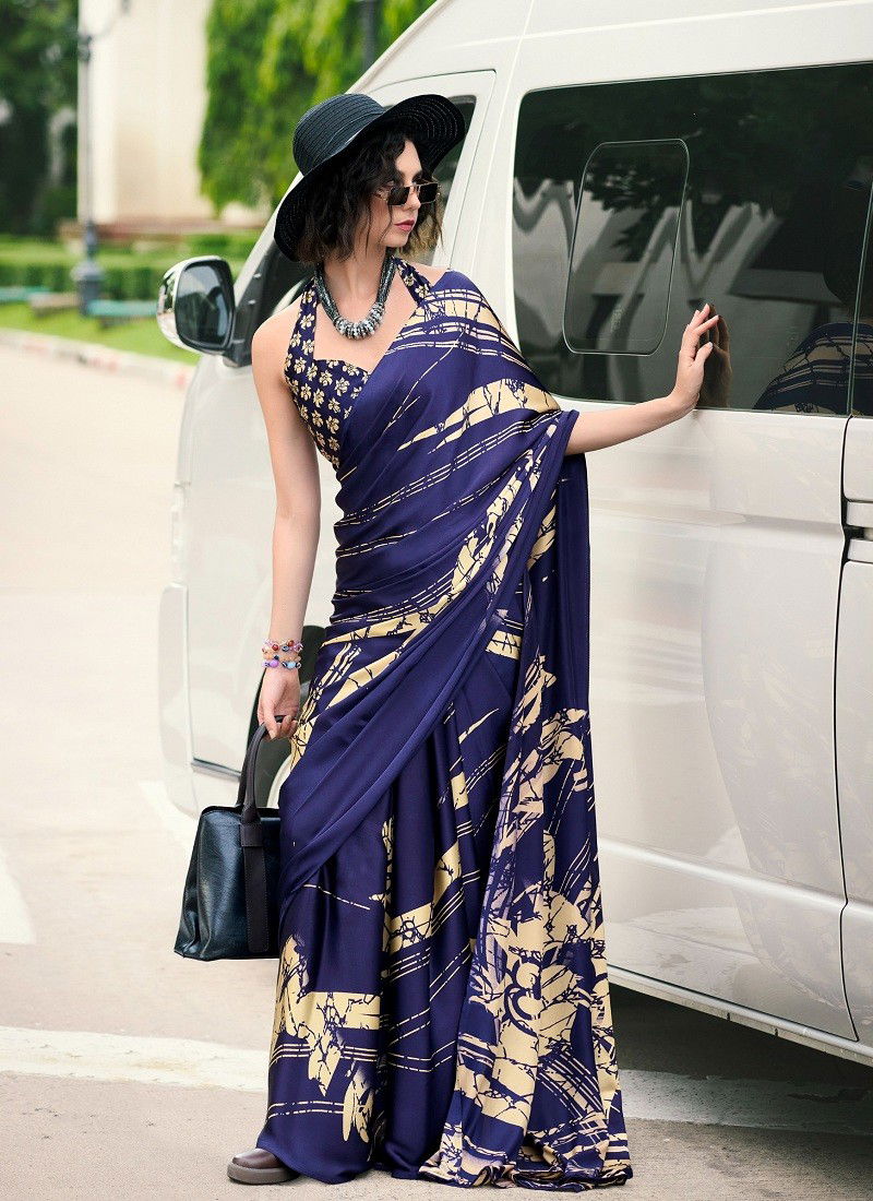 Navy Blue Colour Rare Rabbit By Rajpath Japan Sattin Causal Wear Saree Wholesalers In Delhi 700010