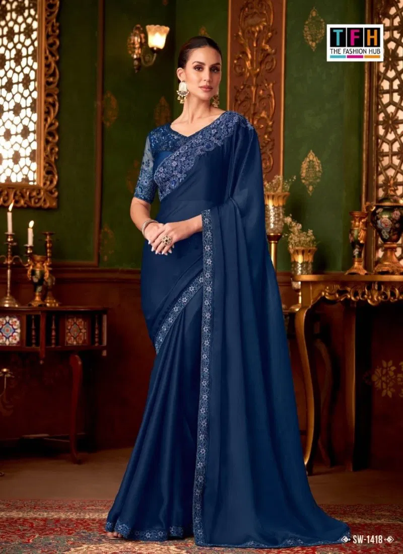 Navy Blue Colour Sandalwood Vol 14 By TFH Designer Party Wear Saree Wholesale Online SW 1418