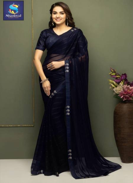 Navy Blue Colour Sanvi 2 By Shashvat Fancy Georgette Party Wear Saree Wholesale Clothing Suppliers In India SV-215