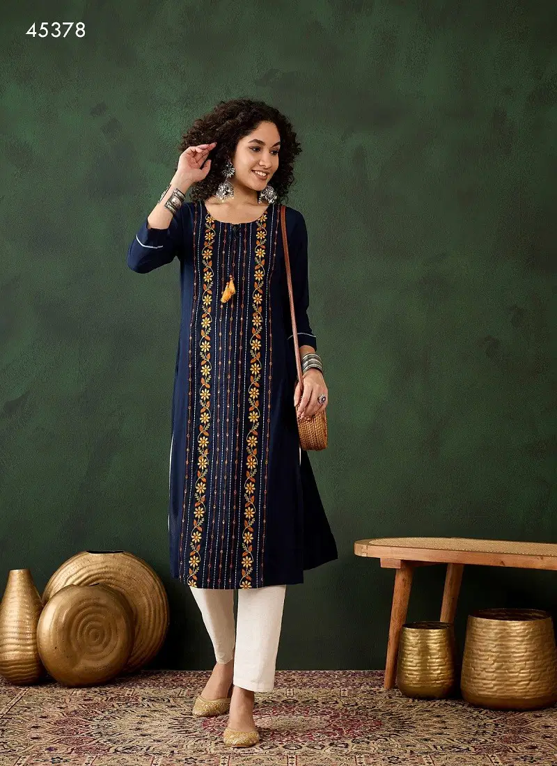 Navy Blue Colour Sasya By Mahotsav Daily Wear Desginer Kurtis Wholesale Price In Surat 45378