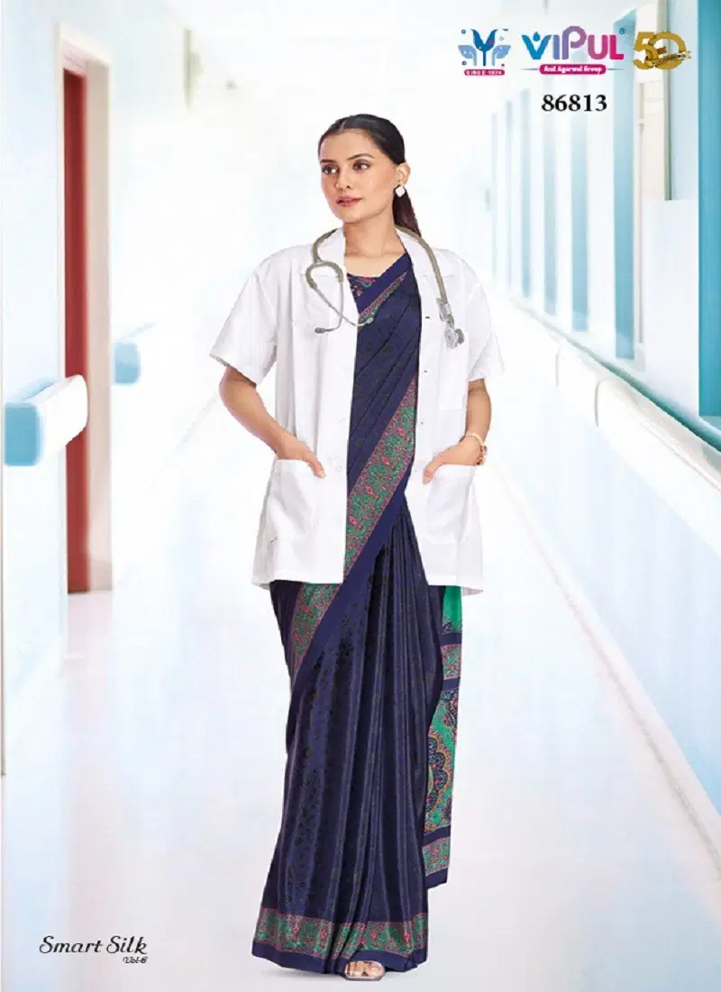 Navy Blue Colour Smart Silk Vol 6 By Vipul Crepe Uniform Wear Saree Exporters In India 86813