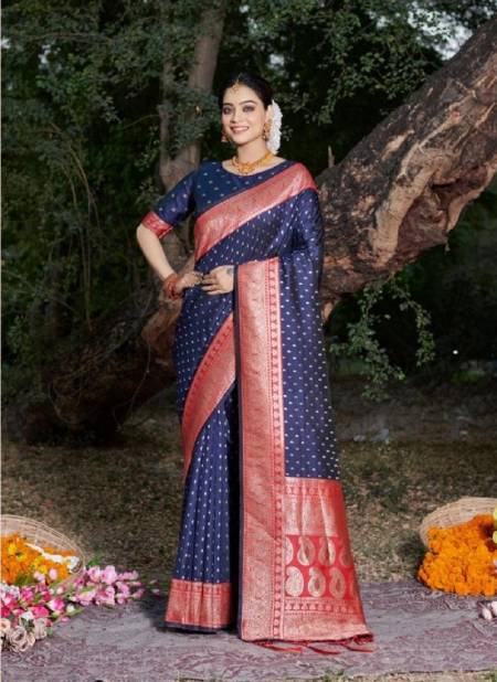 Navy Blue Colour Urvashi Silk By Bunawat Banarasi Silk Printed Saree Wholesale Market In Surat With Price 10511