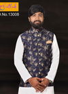 Navy Blue Flower Print Jute with Jacquard Modi Jacket 13008