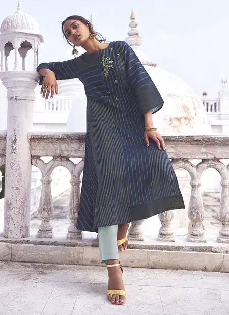 Navy Blue Shringar Omtex Linen Cotton party wear Embroidery Work Kurtis J71 Catalog