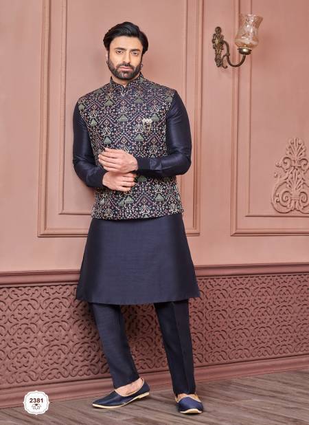 Navy Blue Multi Colour Function Wear Art Banarasi Silk Mens Modi Jacket Kurta Pajama Wholesale Market In Surat 2381