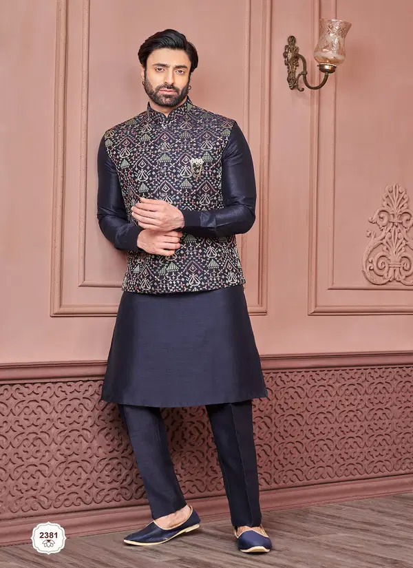 Function Wear Art Banarasi Silk Mens Modi Jacket Kurta Pajama Wholesale Market In Surat