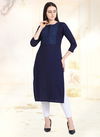 Navy Blue Designer Straight Cut schiffli work Heavy Rayon daily wear Kurtis 1095