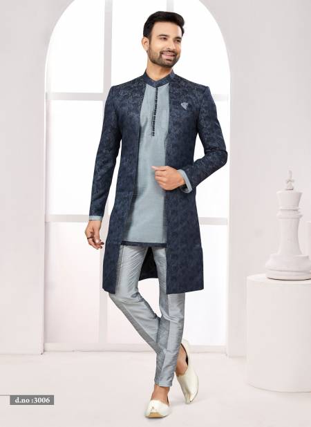 Navy Blue and Light Gray Colour Party wear Indo Western Mens wear Catalog 3006