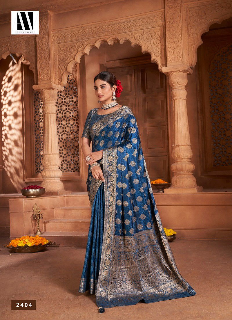 Navy Colour Banarasi Fusion Vol 1 By AV Satin Silk Wedding Wear Saree Wholesalers In India 2404