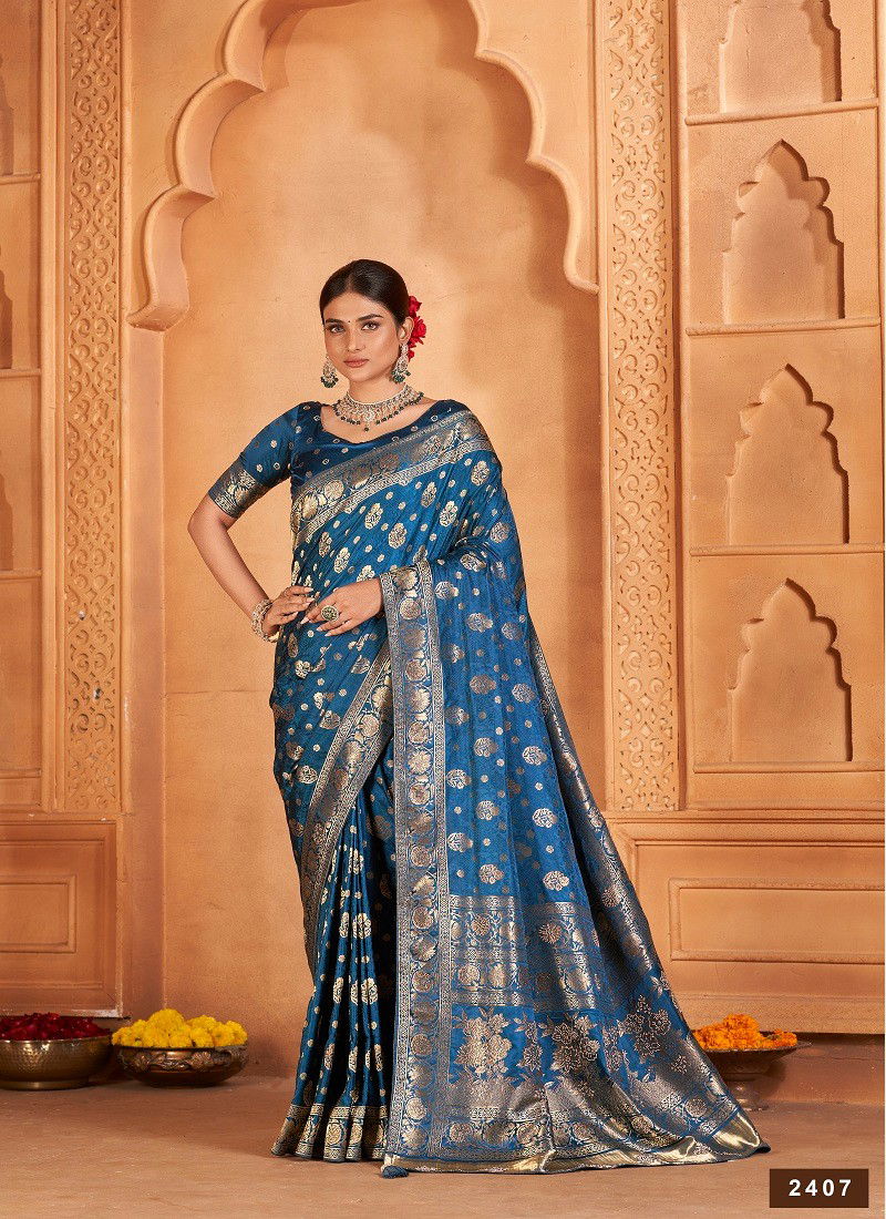 Navy Colour Banarasi Fusion Vol 2 By AV Satin Silk Wedding Wear Saree Exporters In India 2407