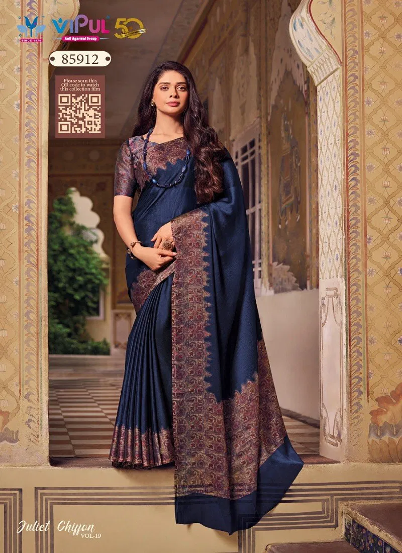 Navy Colour Juliet Chiffon Vol 19 By Vipul Wholesale Saree Suppliers In Mumbai 85912