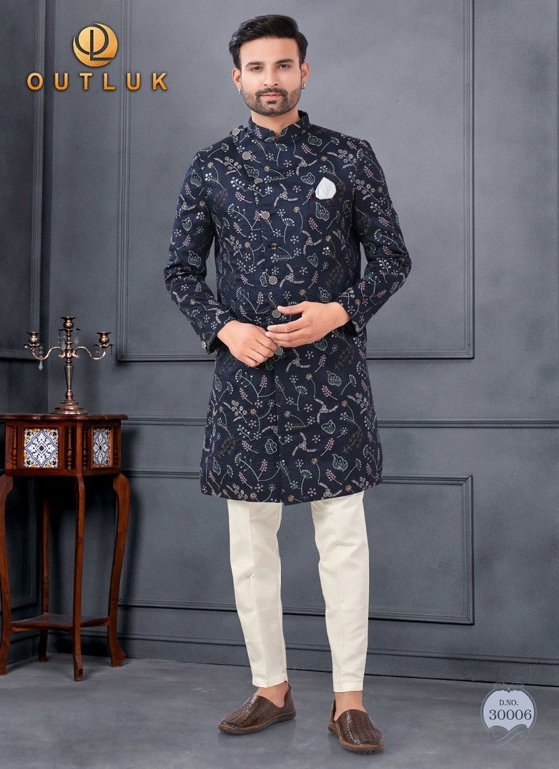 Navy Colour Outluk Wedding Collection Vol 30 Silk Mens Wholesale Indo Western Manufacturers 30006