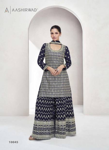 Navy Colour Saachi By Aashirwad Designer Chinon Silk Readymade Suits Wholesalers In Delhi 10045