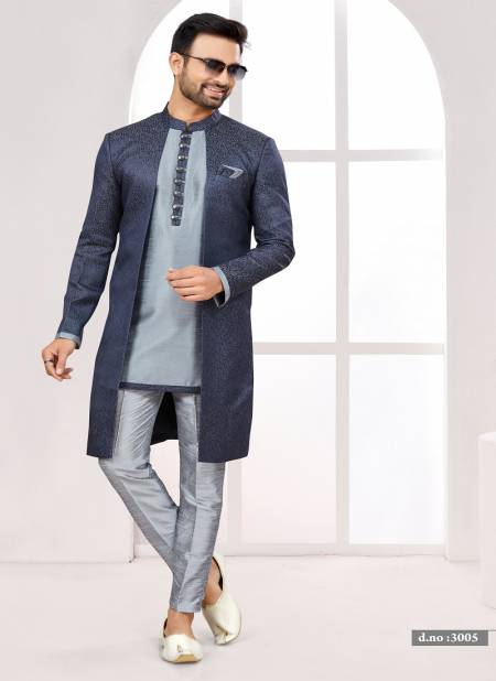 Navy Light Blue and Gray Colour Party wear Indo Western Mens wear Catalog 3005