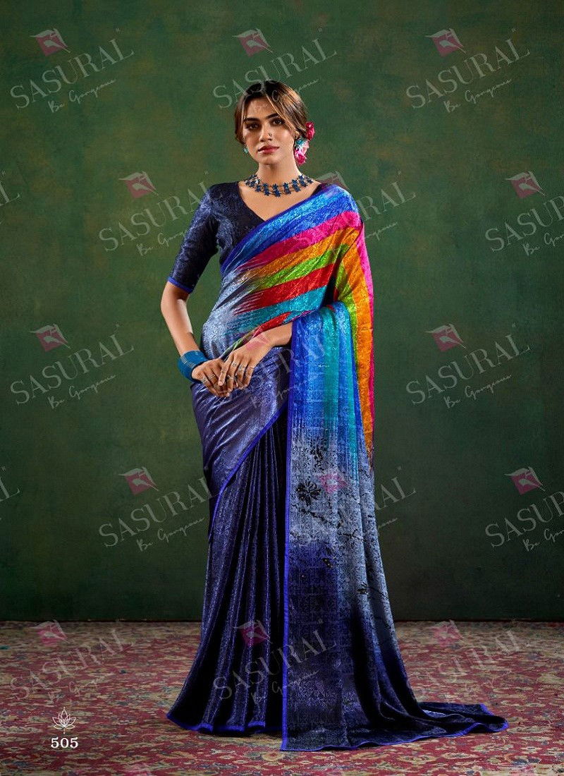 Navy Multi Colour Sophia By Sasural Digital Printed Crape Jacquard Saree Exporters In India 505