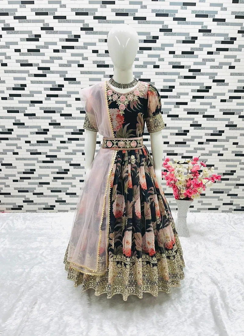 OC 152 Heavy Faux Georgette Printed Girl Kids Wear Gown With Dupatta Black